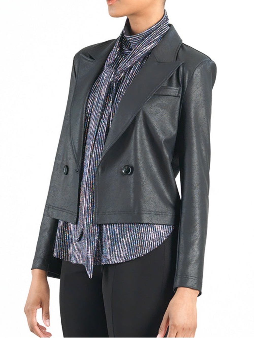 Clara Sun Woo Liquid Leather Cropped Tuxedo Blazer Black Size XS (US 4/6)